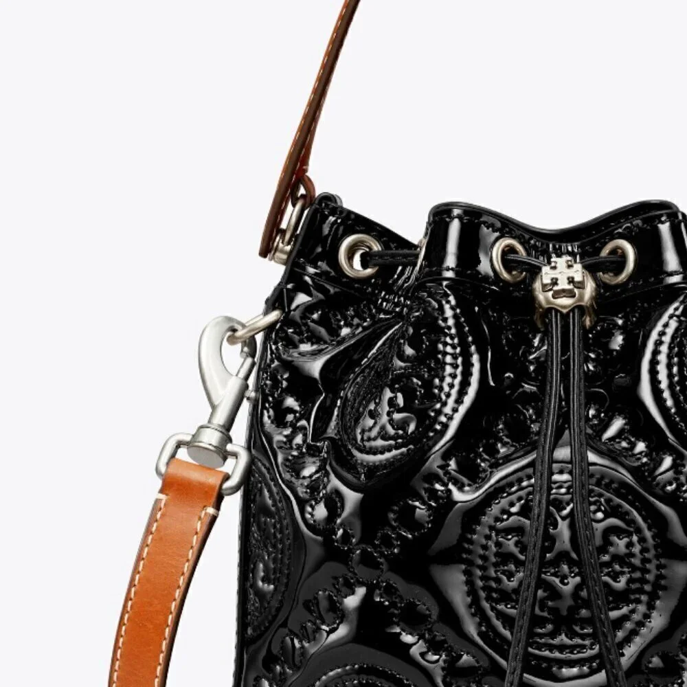NWT! New! Tory Burch T Monogram Embroidered Patent Bucket Bag -BLACK Large